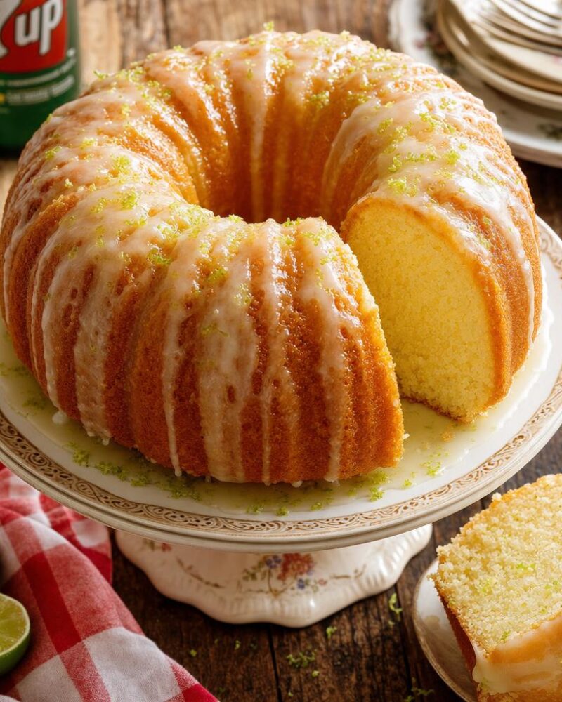 7Up Pound Cake with lemon-lime glaze