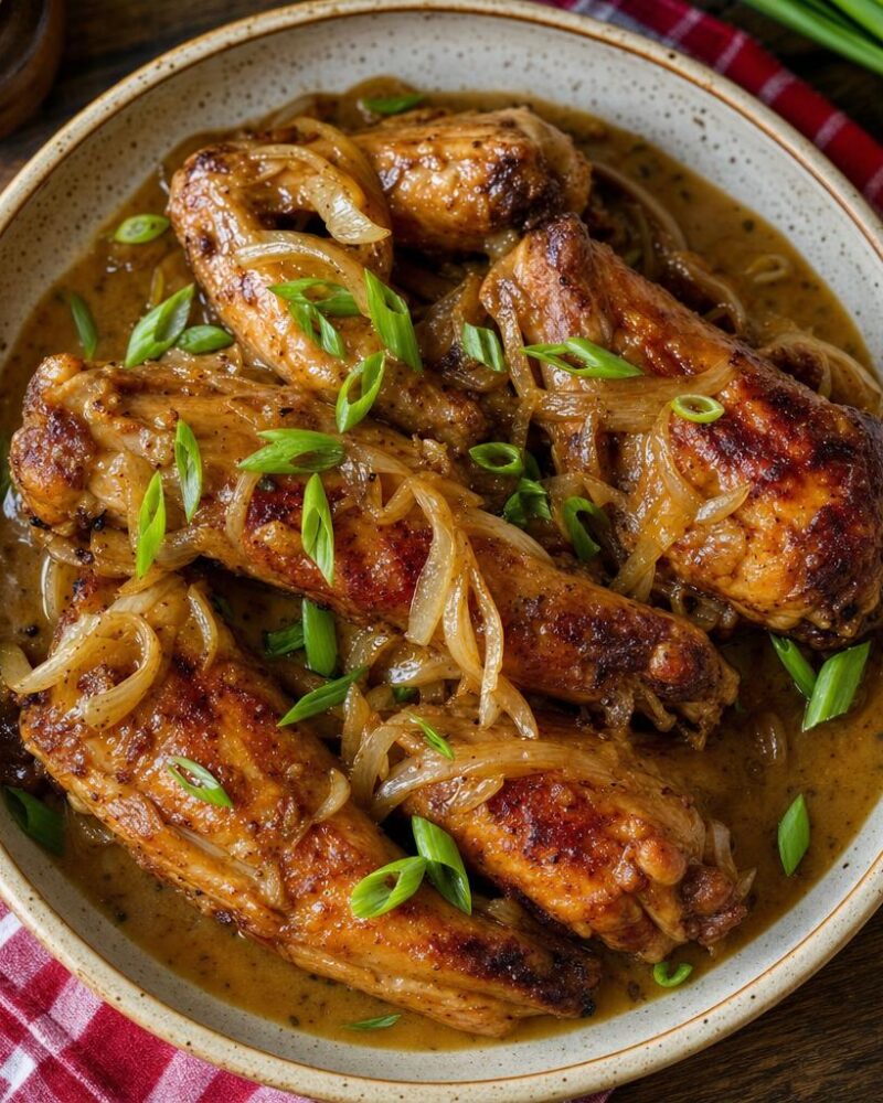 Smothered turkey wings in onion gravy