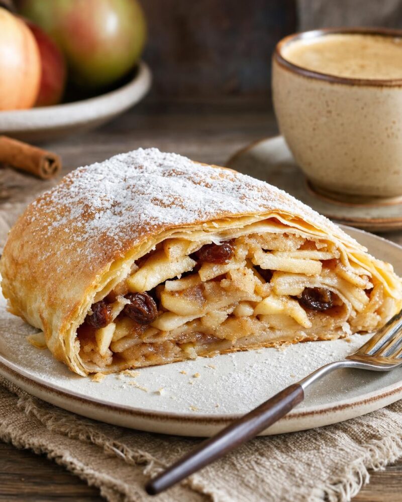 Austrian Apfelstrudel with flaky pastry and spiced apples