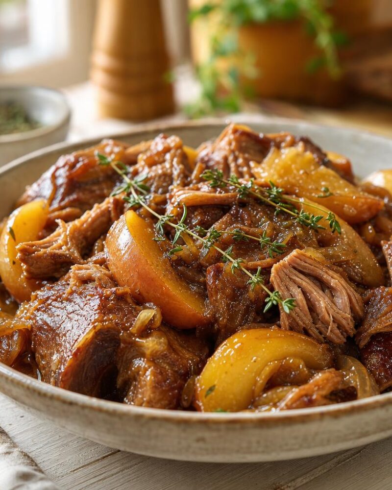 Apple cider braised pork with caramelized apples in a rustic dish
