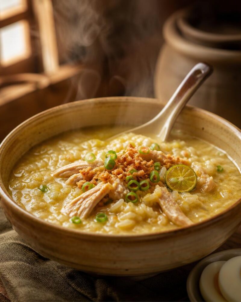 Arroz Caldo — gingery chicken rice porridge with crispy garlic and calamansi