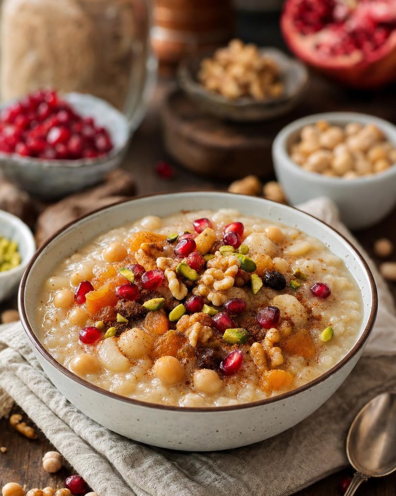 Aşure Turkish wheat pudding with beans, dried fruit, pomegranate and nuts