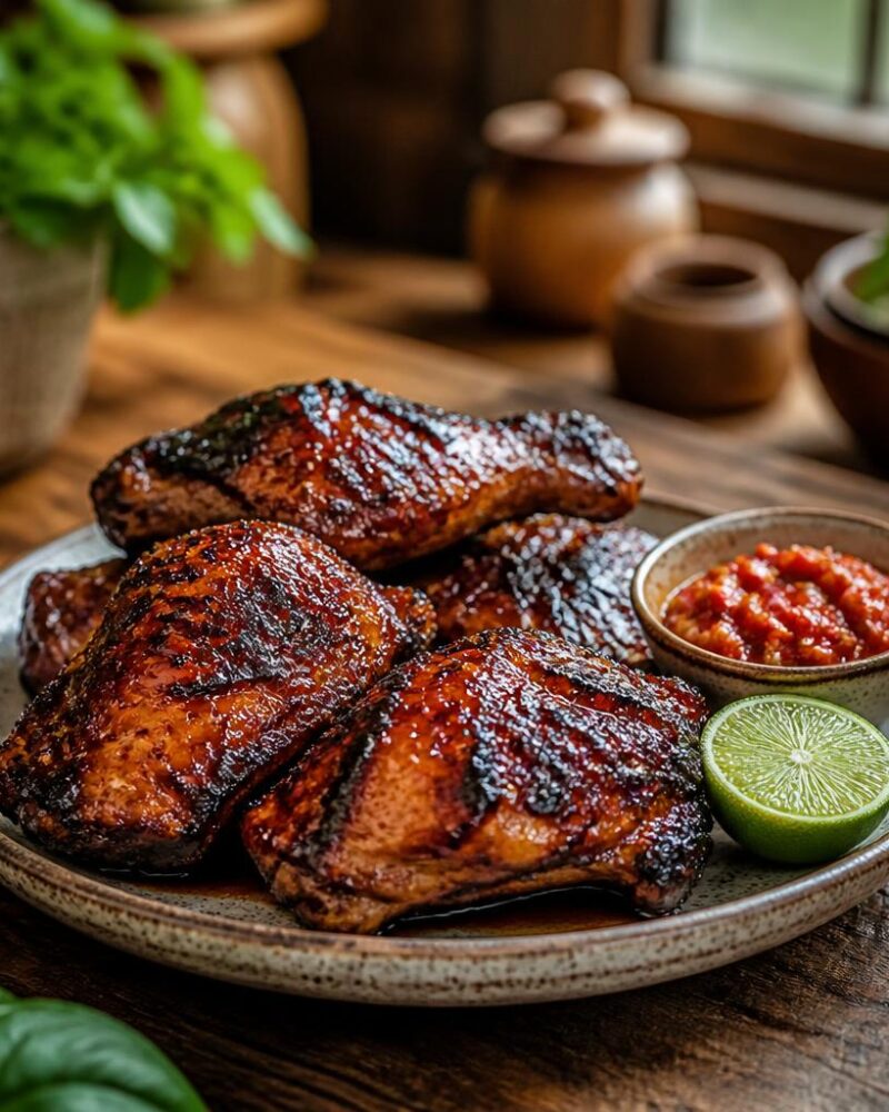 Ayam Bakar — grilled chicken lacquered with sweet soy glaze, charred at the edges