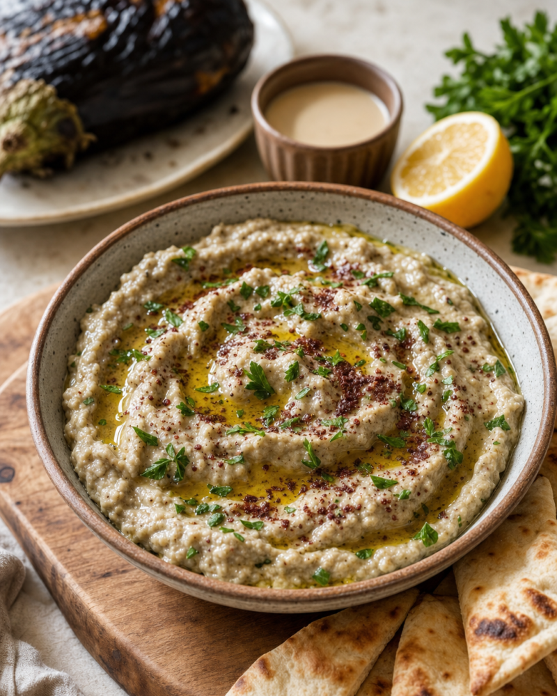 Creamy smoky baba ghanoush dip with olive oil, parsley and sumac, served with pita