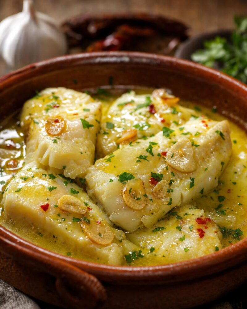 Bacalao al Pil Pil - cod poached in garlicky emulsified olive oil
