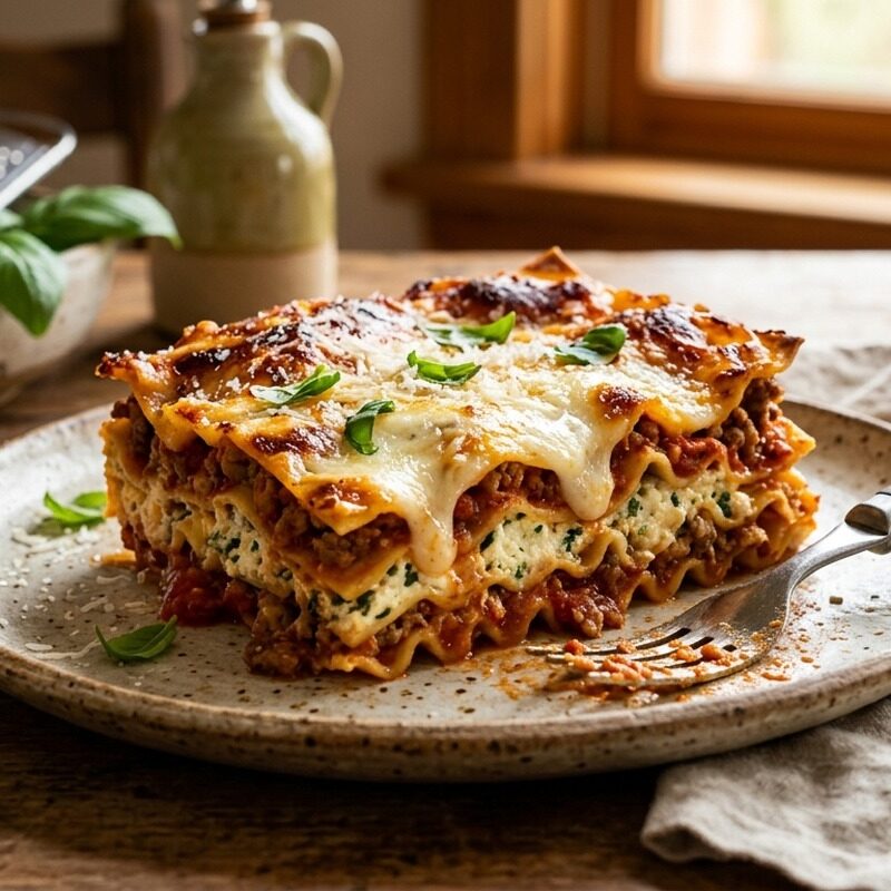 Baked Lasagna with layers of pasta, ricotta, marinara and mozzarella