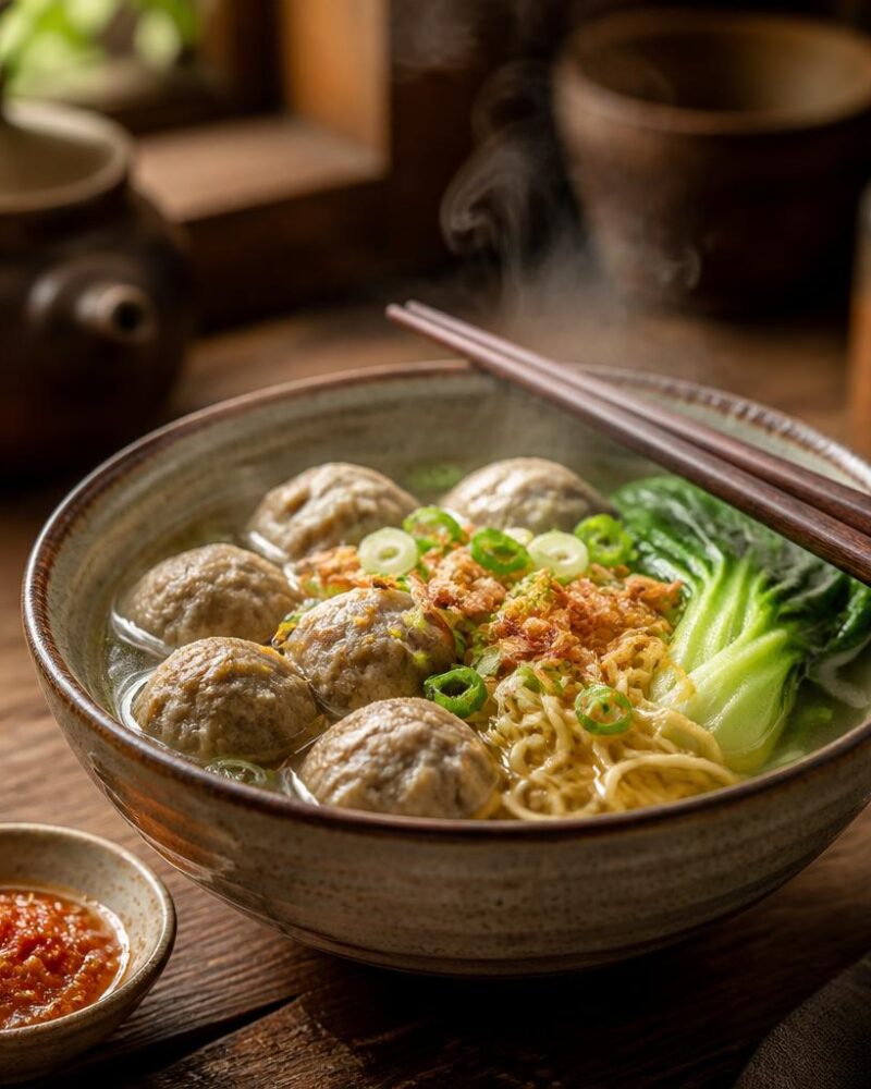 Bakso — springy beef meatball soup with noodles, bok choy and crispy shallots