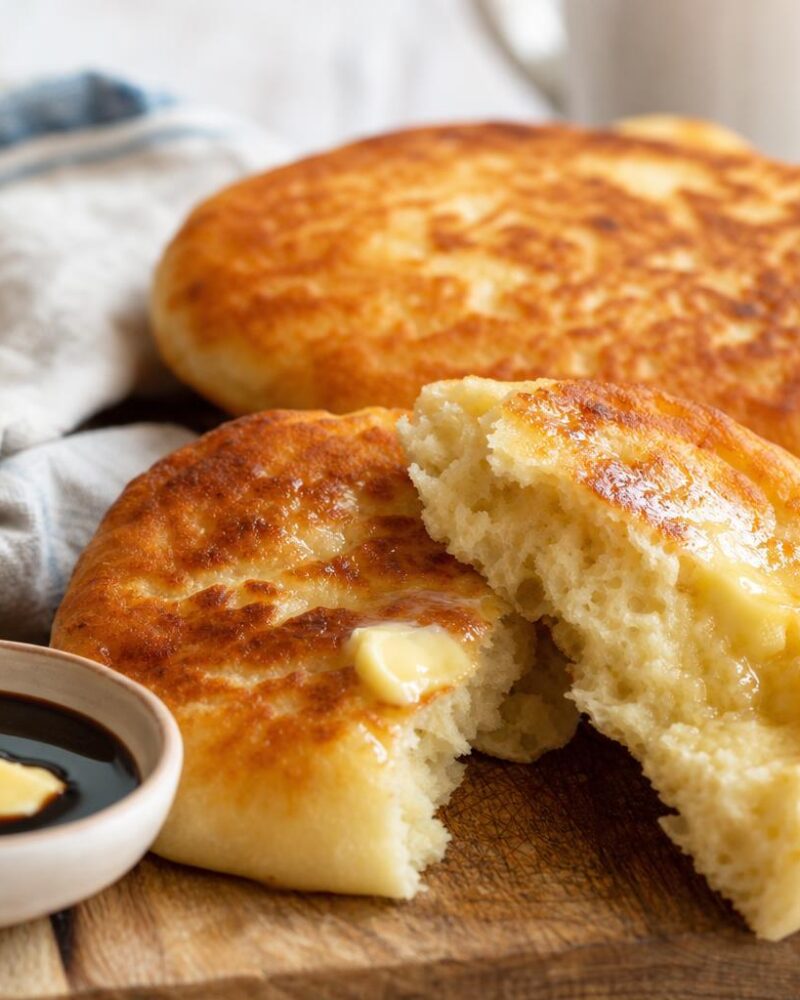 Golden pan-fried bannock bread brushed with butter