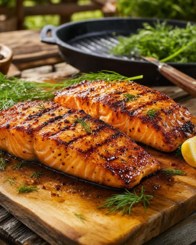 BC Salmon Grillé - fire-grilled wild salmon fillets glazed with maple-mustard
