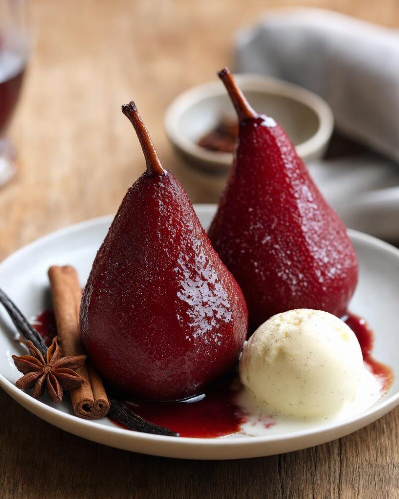 BC Wine Poached Pears - Okanagan pears poached in spiced red wine with glossy syrup