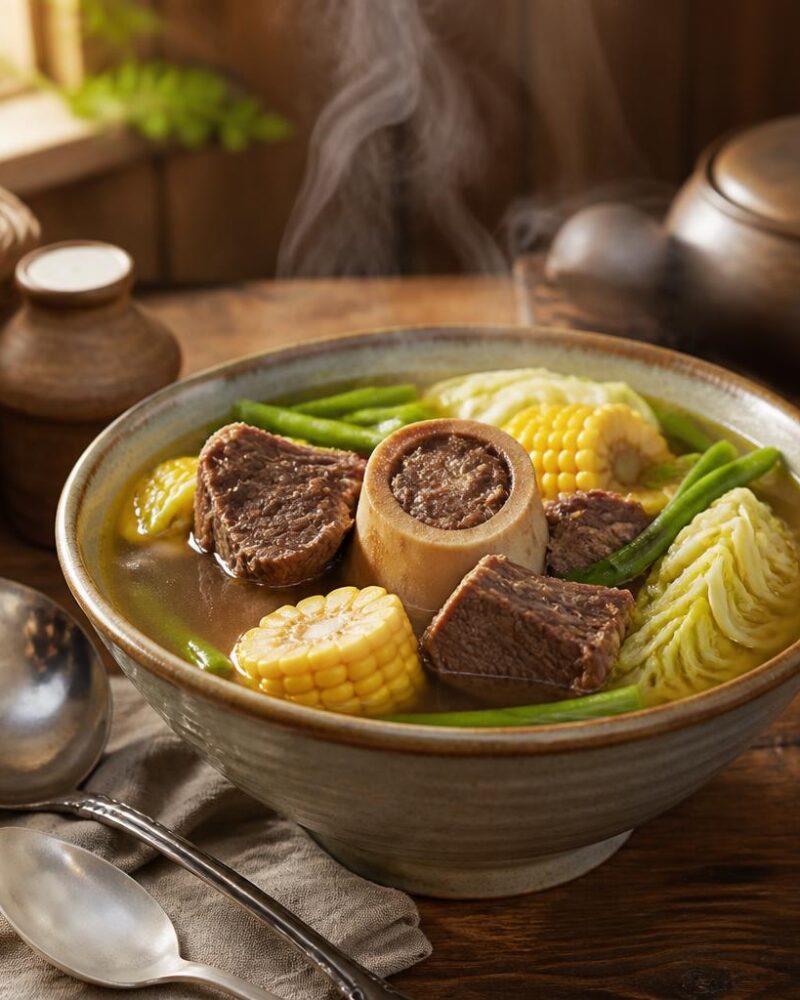 Beef Bulalo — beef shanks simmered into a rich marrow broth with corn and cabbage