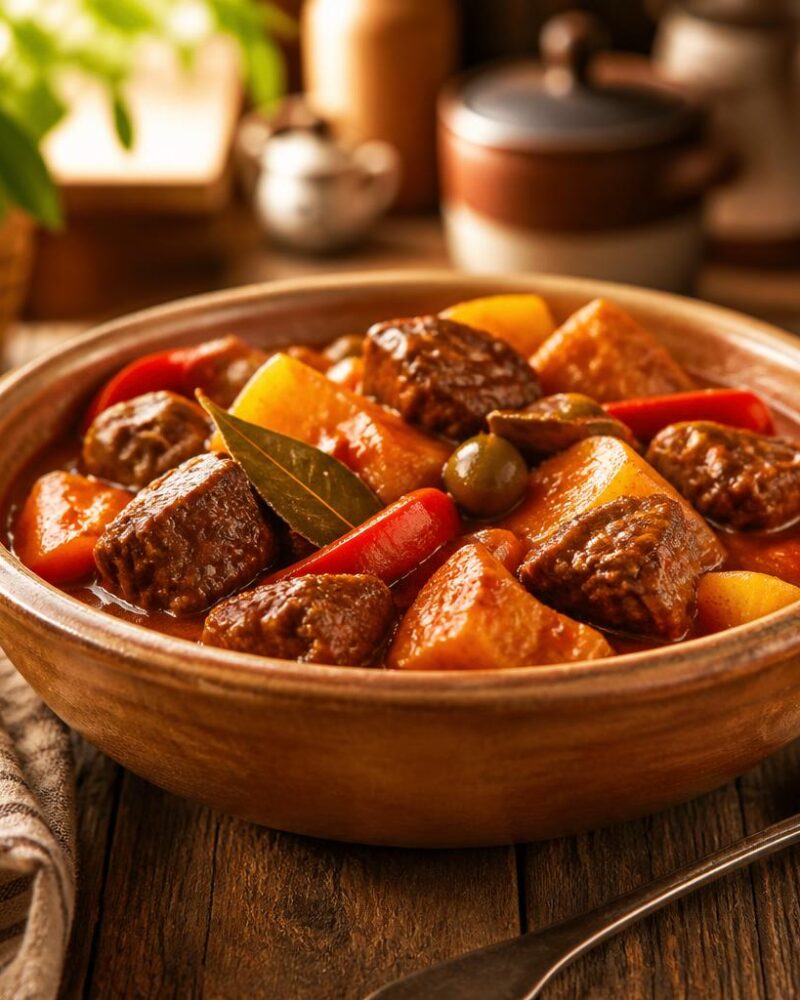 Beef Kaldereta — tender beef in rich tomato sauce with peppers and olives