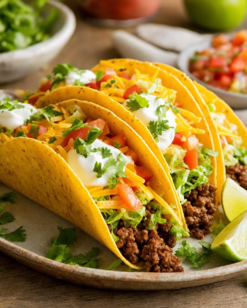 Crispy beef tacos with seasoned ground beef, lettuce, cheese and sour cream