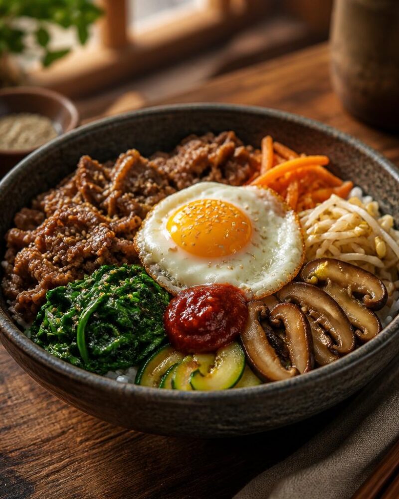 Bibimbap (mixed rice bowl) with vegetables, beef and gochujang