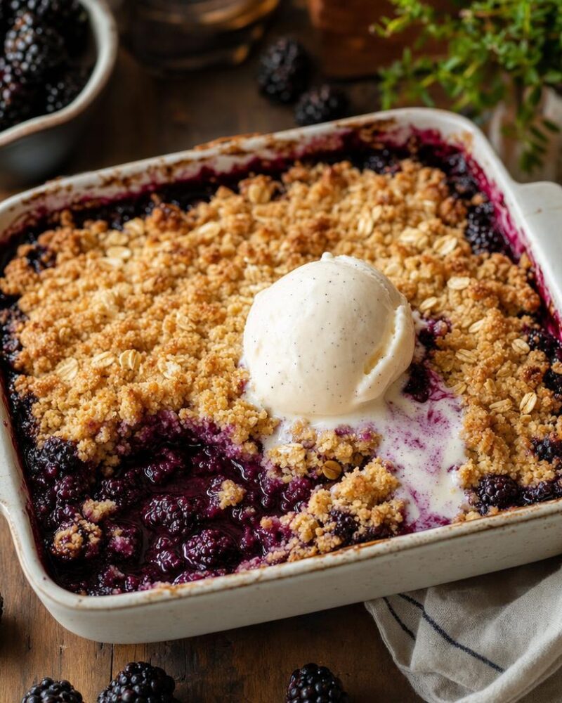 Blackberry Crumble BC - wild blackberries bubbling under a golden oat crumble with vanilla ice cream