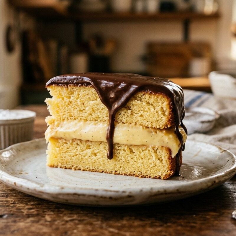 Boston Cream Pie with vanilla custard filling and chocolate glaze