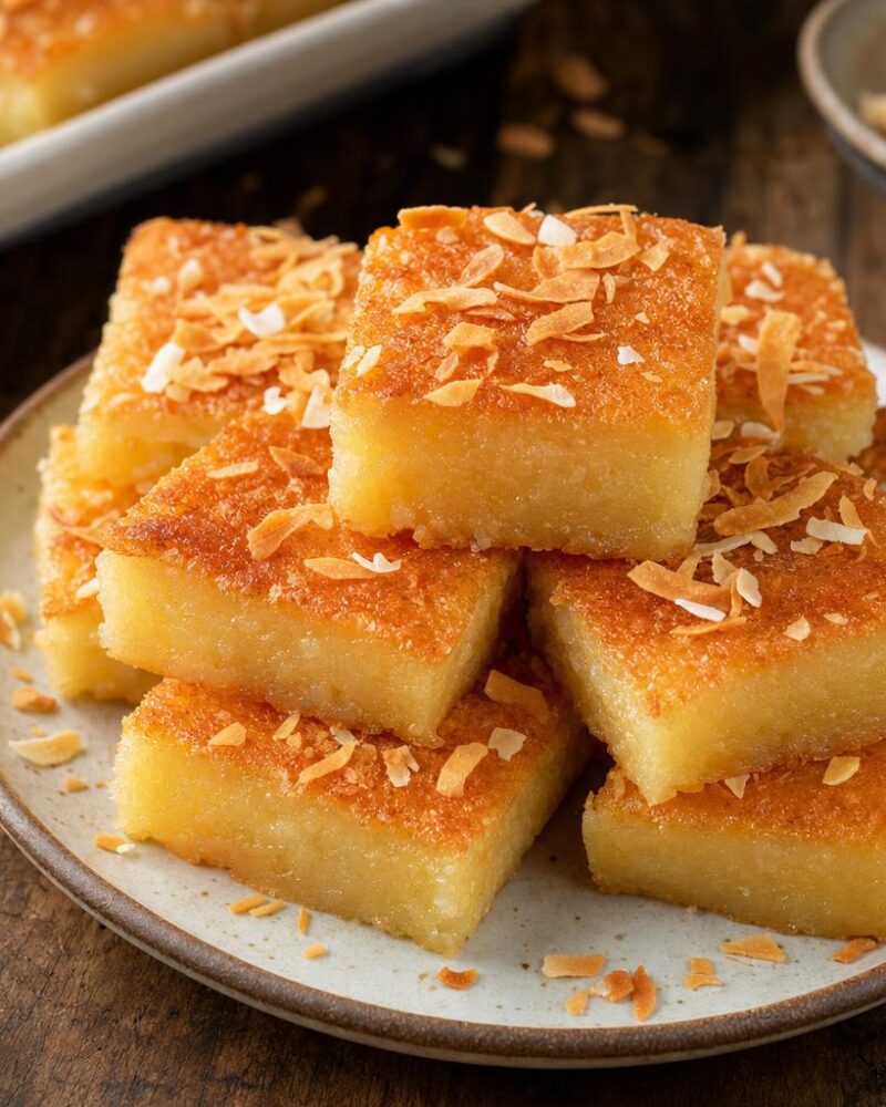 Butter Mochi - Hawaiian baked mochi cake squares with toasted coconut
