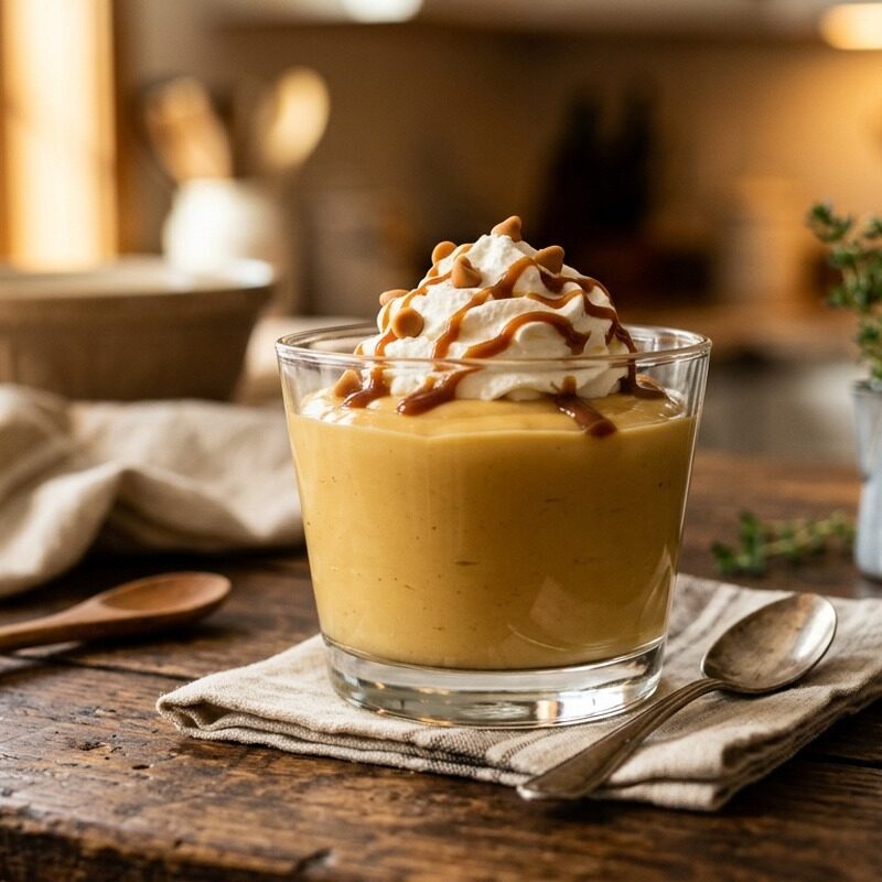 Butterscotch Pudding with whipped cream and butterscotch drizzle
