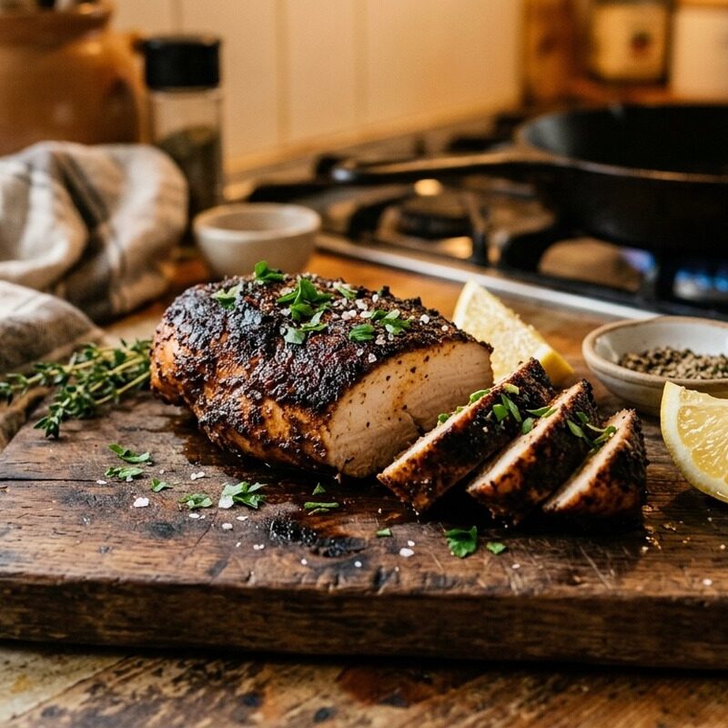 Cajun Blackened Chicken with spicy seasoning and lemon wedges