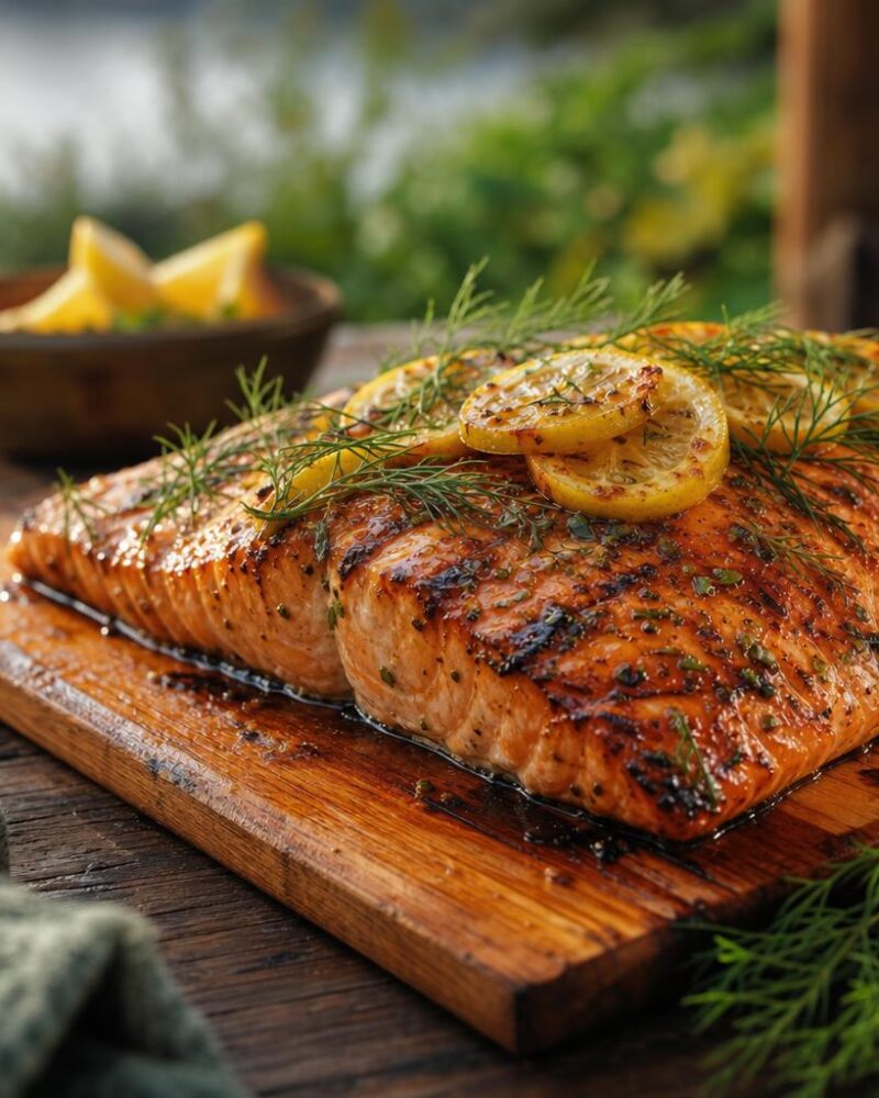 Grilled salmon fillet on a cedar plank with lemon and dill