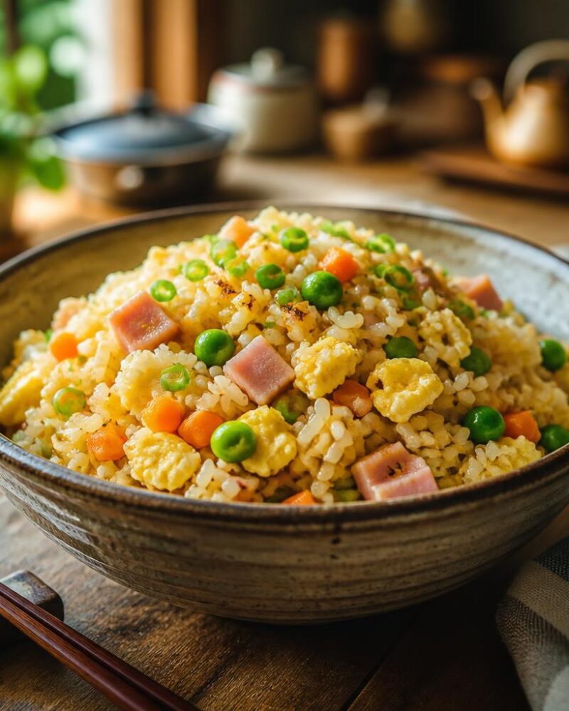 Chahan (Japanese fried rice) with egg, ham and peas