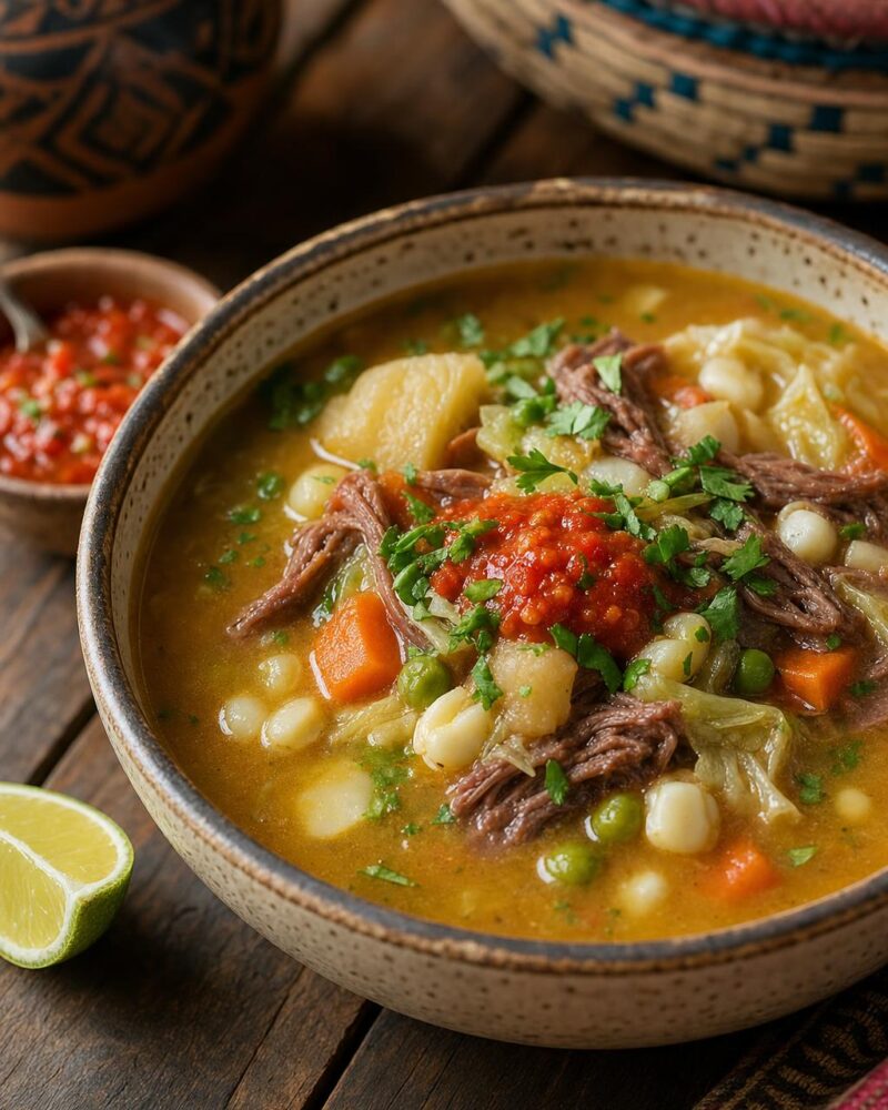 Chairo, hearty Bolivian Andean soup with chuño potatoes and charque beef