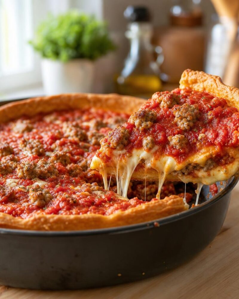 Thick Chicago deep dish pizza with chunky tomato sauce and melted mozzarella