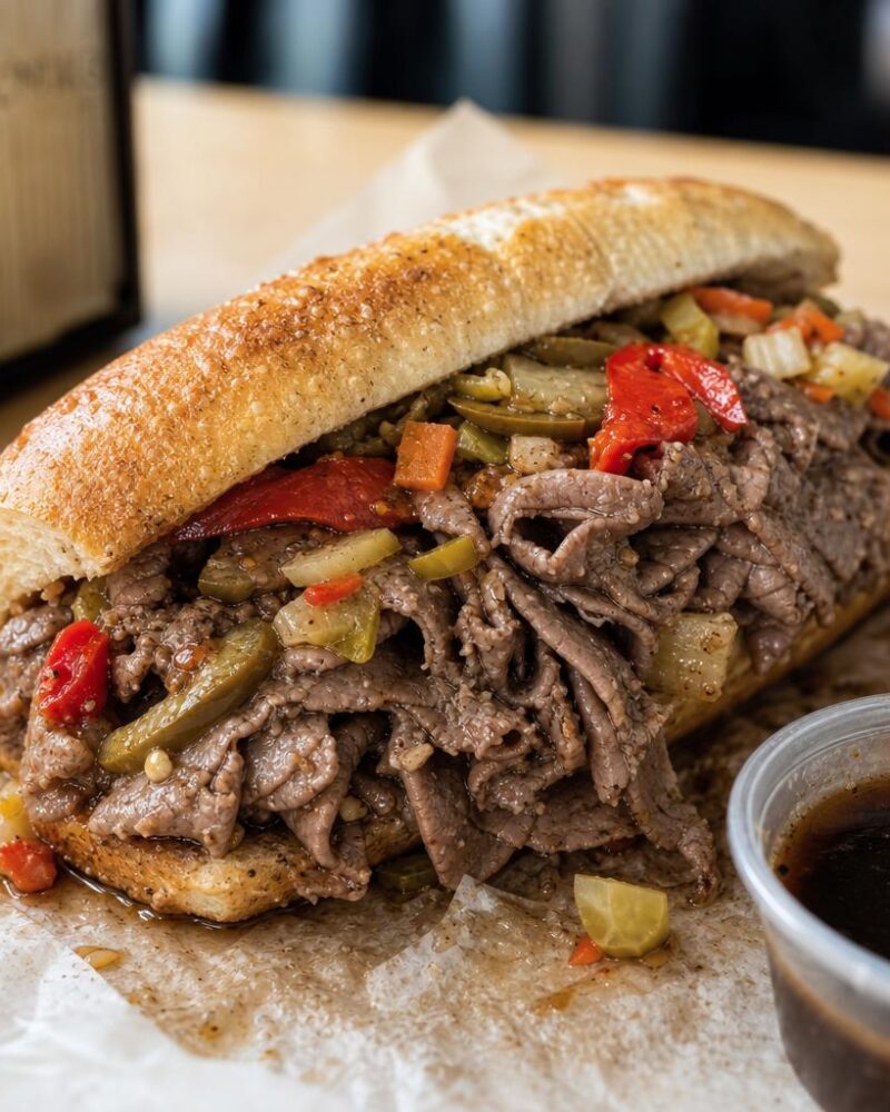Italian beef sandwich piled with roast beef and giardiniera on a dipped roll