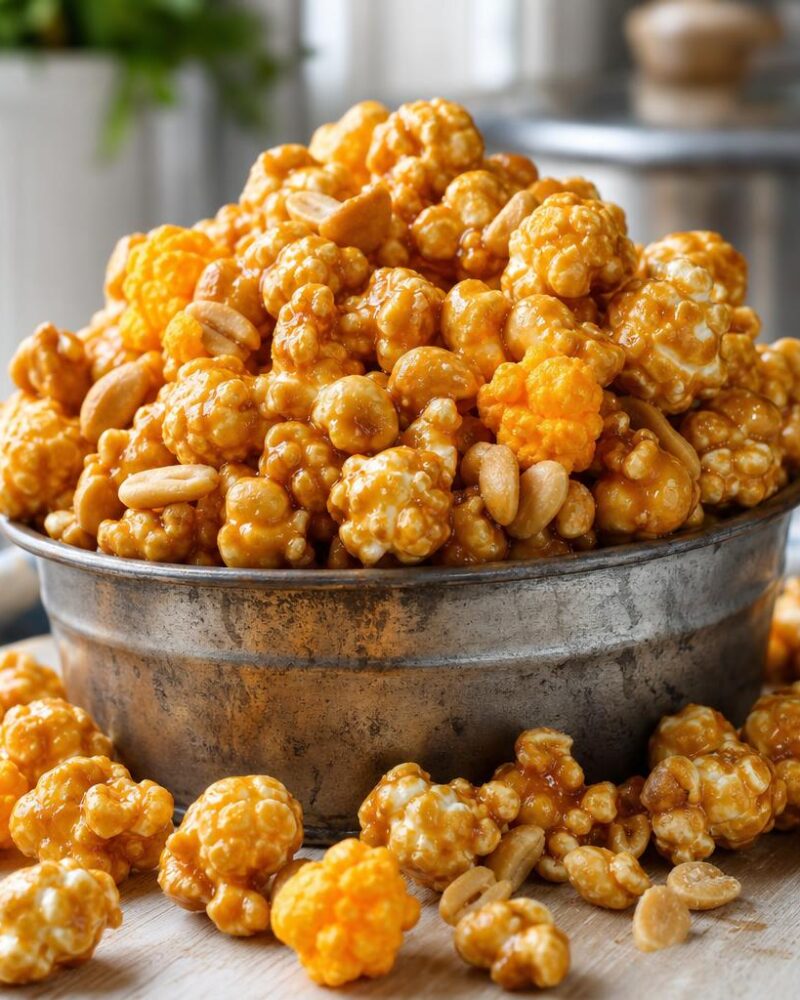 Glossy caramel popcorn with roasted peanuts in a rustic tin