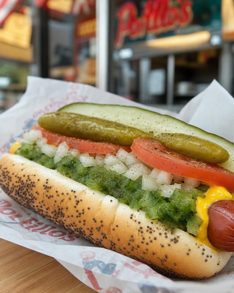 All-beef Chicago hot dog with all the classic toppings on a poppy seed bun