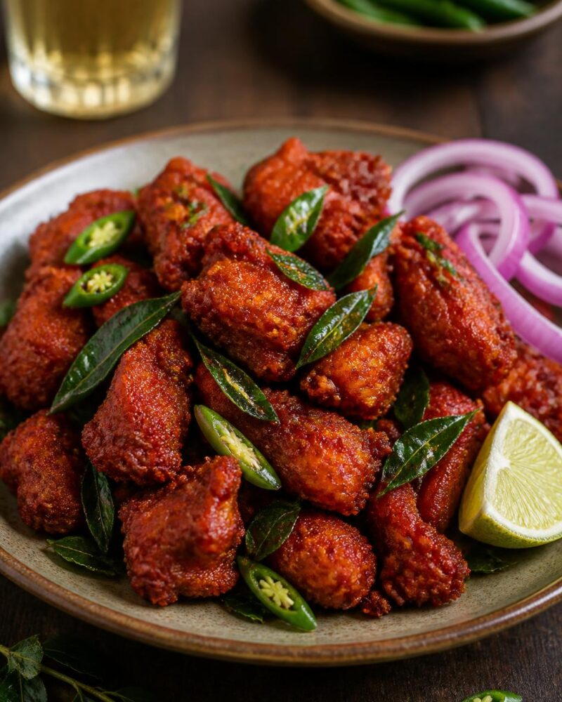 Chicken 65 - fiery fried chicken tossed with curry leaves