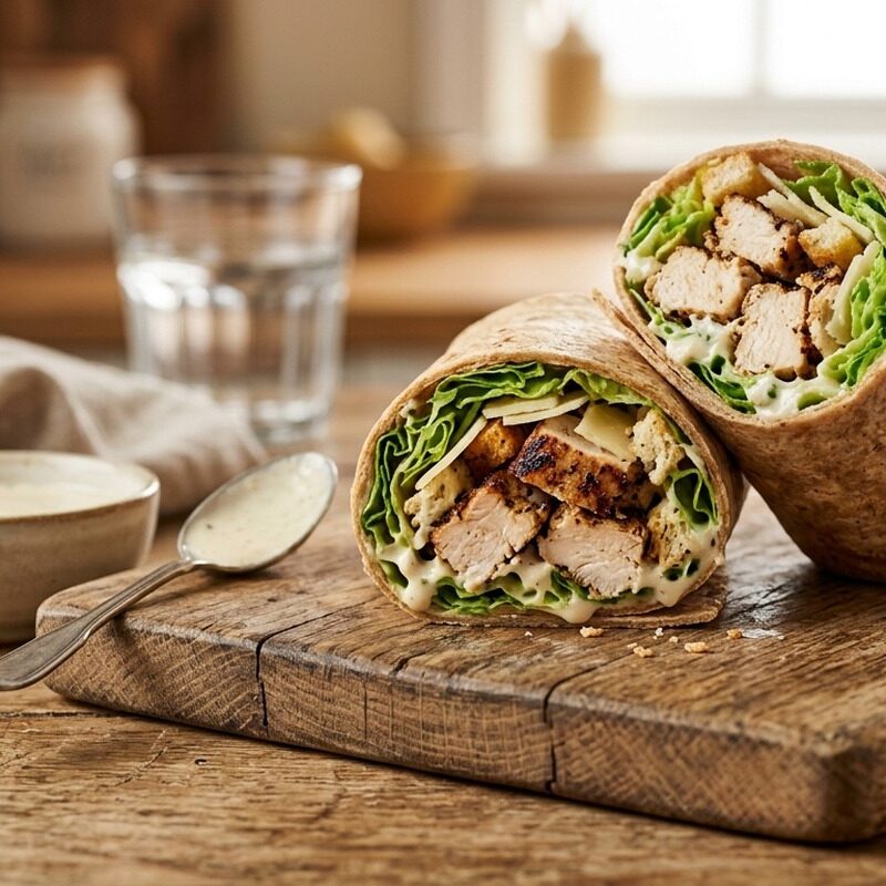 Chicken Caesar Wrap with grilled chicken, romaine lettuce, parmesan and caesar dressing