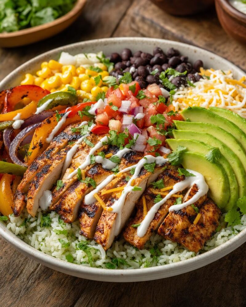 Chicken fajita bowl with cilantro lime rice, grilled peppers, avocado and pico de gallo