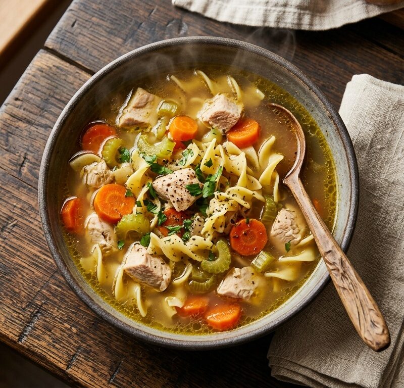 Bowl of homemade chicken noodle soup with carrots, celery and egg noodles