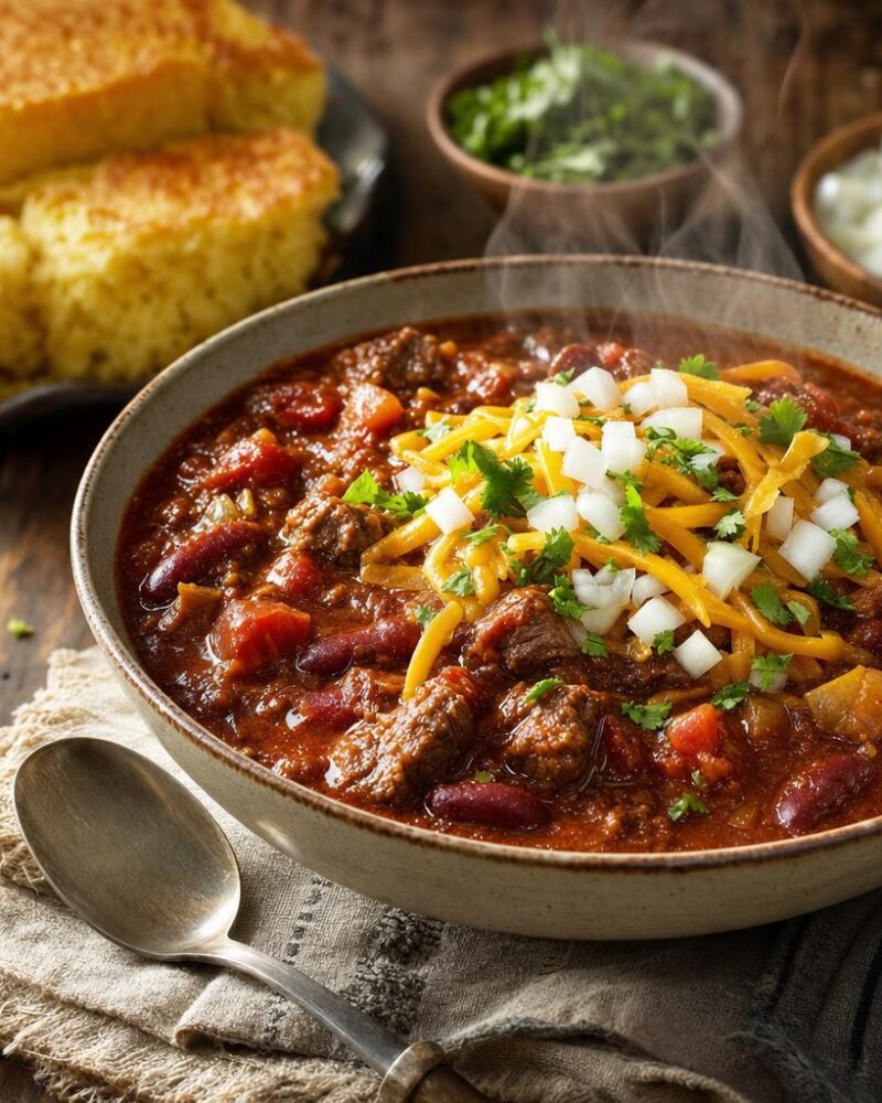 Hearty chile con carne with beef, beans, cheese and cornbread