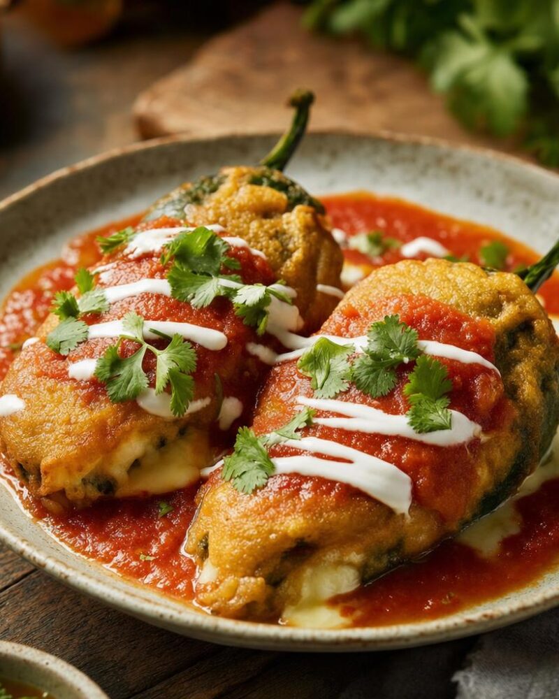 Chiles rellenos - cheese-stuffed poblano peppers fried golden with red salsa