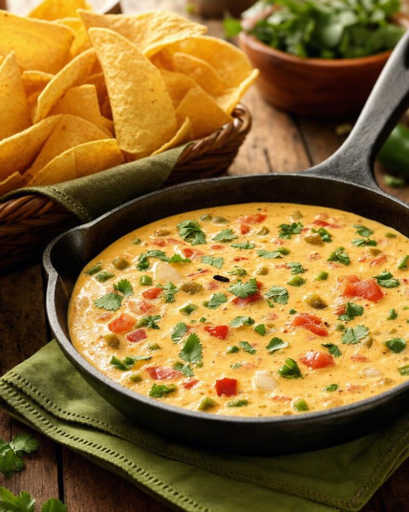 Creamy chili con queso dip with roasted green chilies and tortilla chips