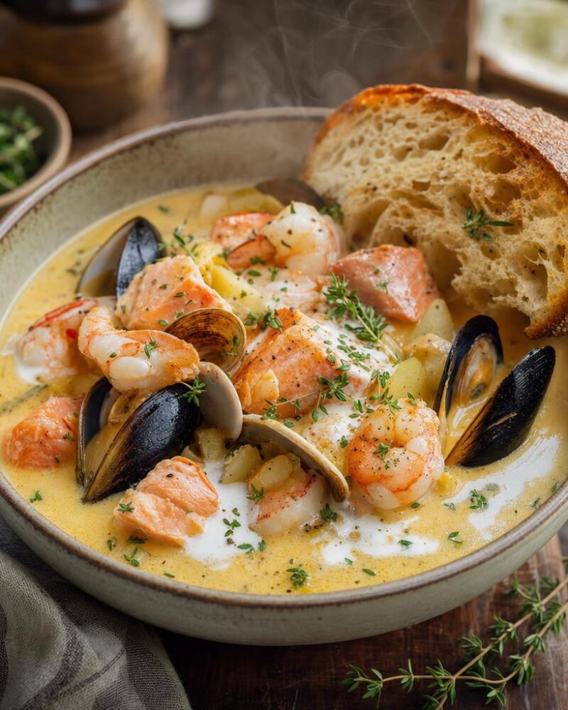 Chowder Fruits de Mer BC - creamy seafood chowder with salmon, spot prawns, clams and mussels