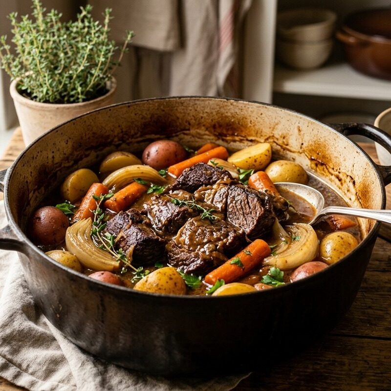 Classic Beef Pot Roast with carrots, potatoes and onions in rich gravy