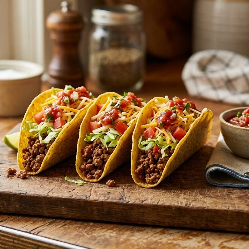 Classic Beef Tacos with seasoned beef, lettuce, tomato, cheese and salsa