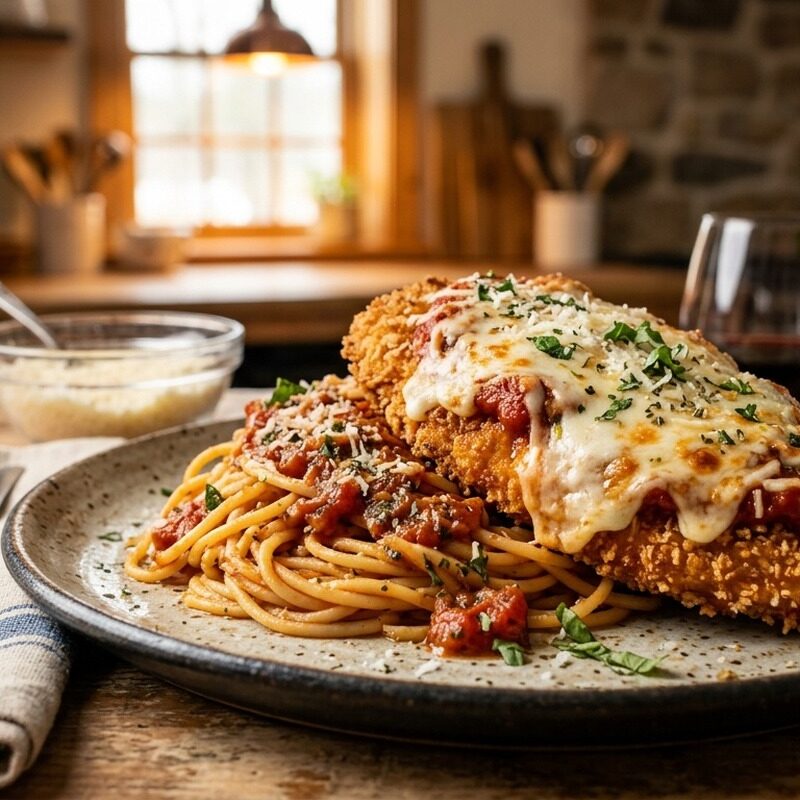 Classic Chicken Parmesan with melted mozzarella and marinara