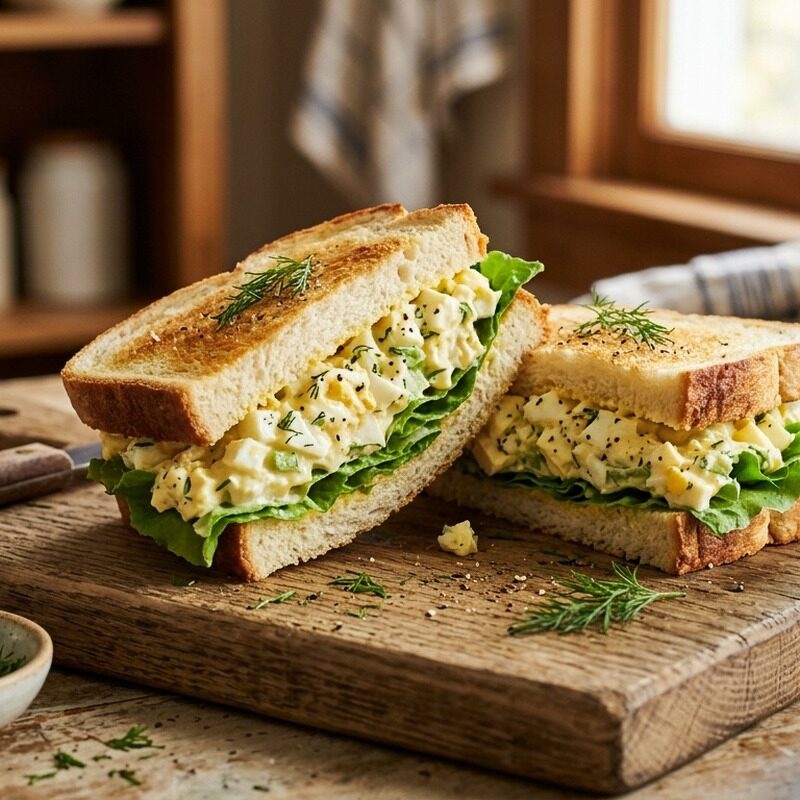 Classic Egg Salad Sandwich with creamy egg salad, dill and lettuce on toasted bread