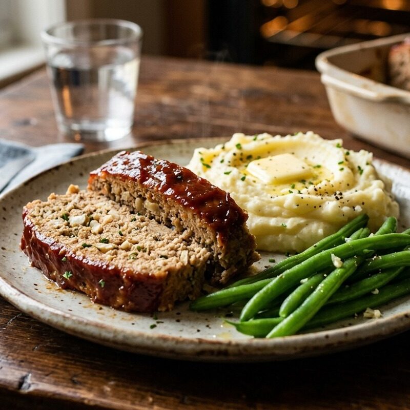 Classic Turkey Meatloaf with ketchup glaze, mashed potatoes and green beans