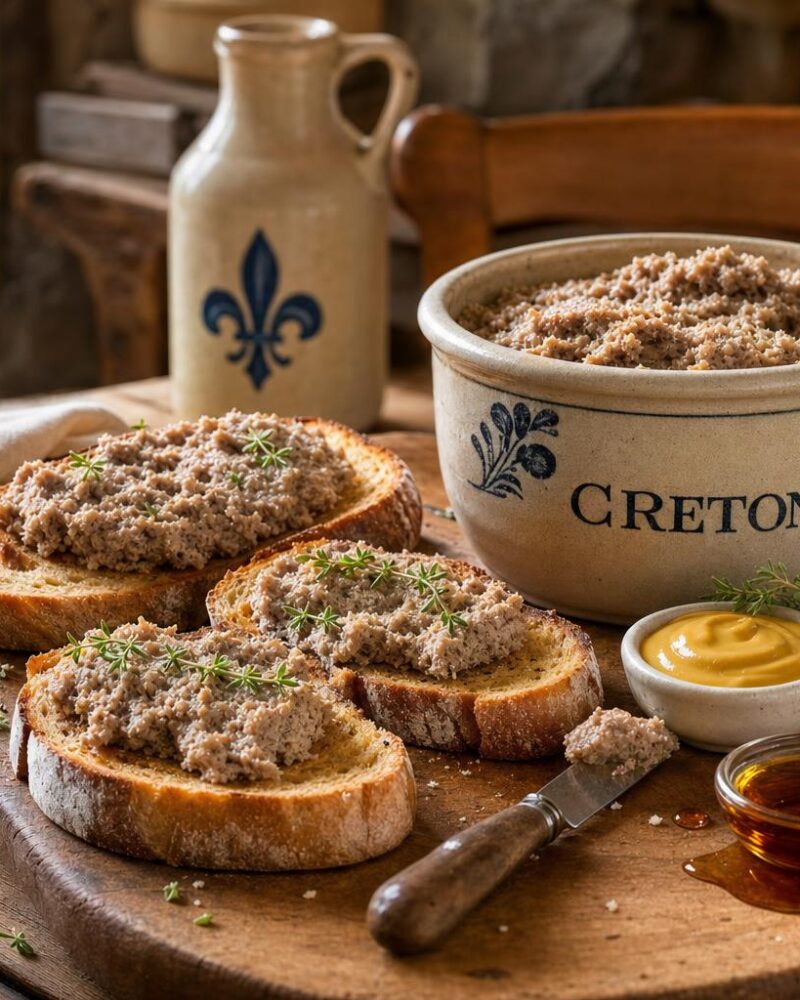 Cretons québécois, spiced pork spread on toasted bread with mustard