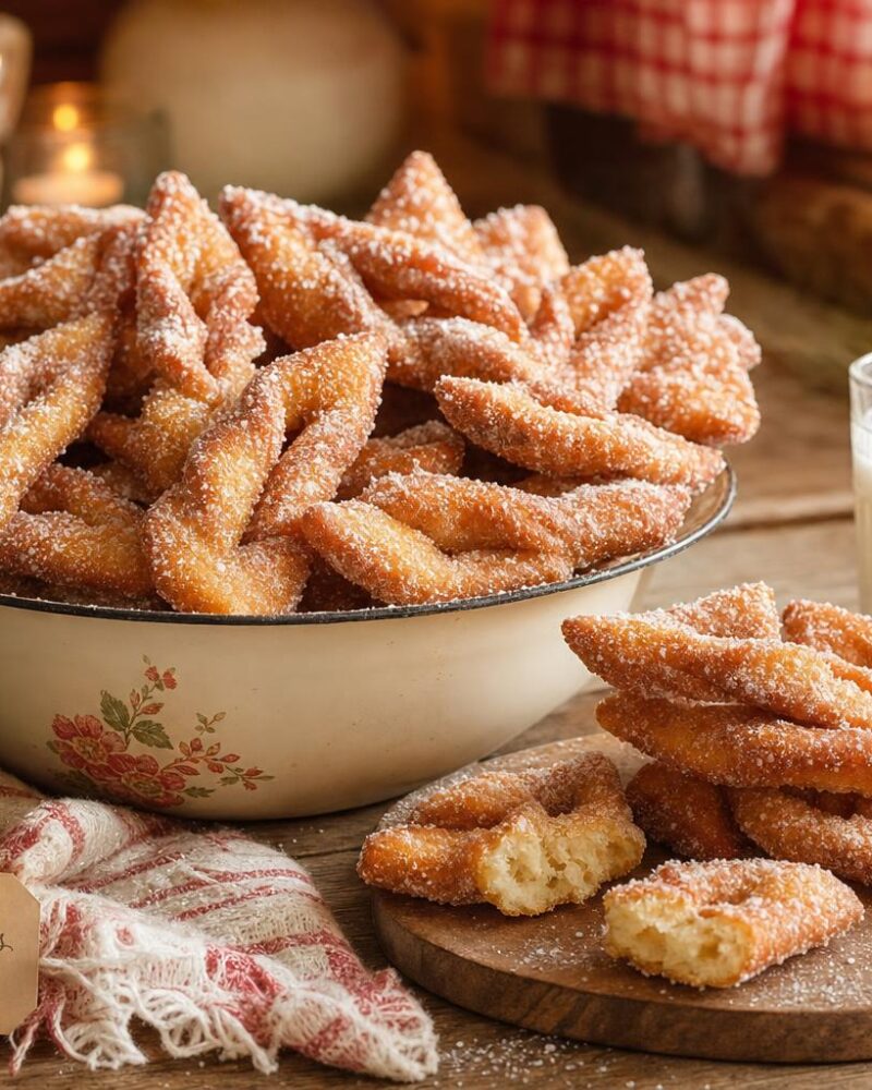 Croquignoles, golden fried Quebec Christmas cookies twisted and dusted with sugar
