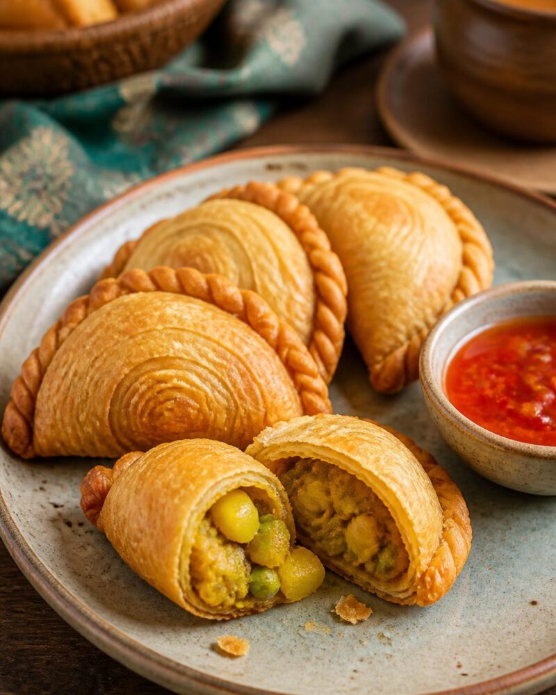 Curry Puff - flaky golden pastries stuffed with curried potato and peas