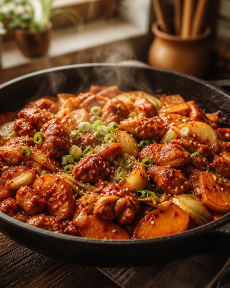 Dak Galbi (spicy stir-fried chicken) with sweet potato and cabbage