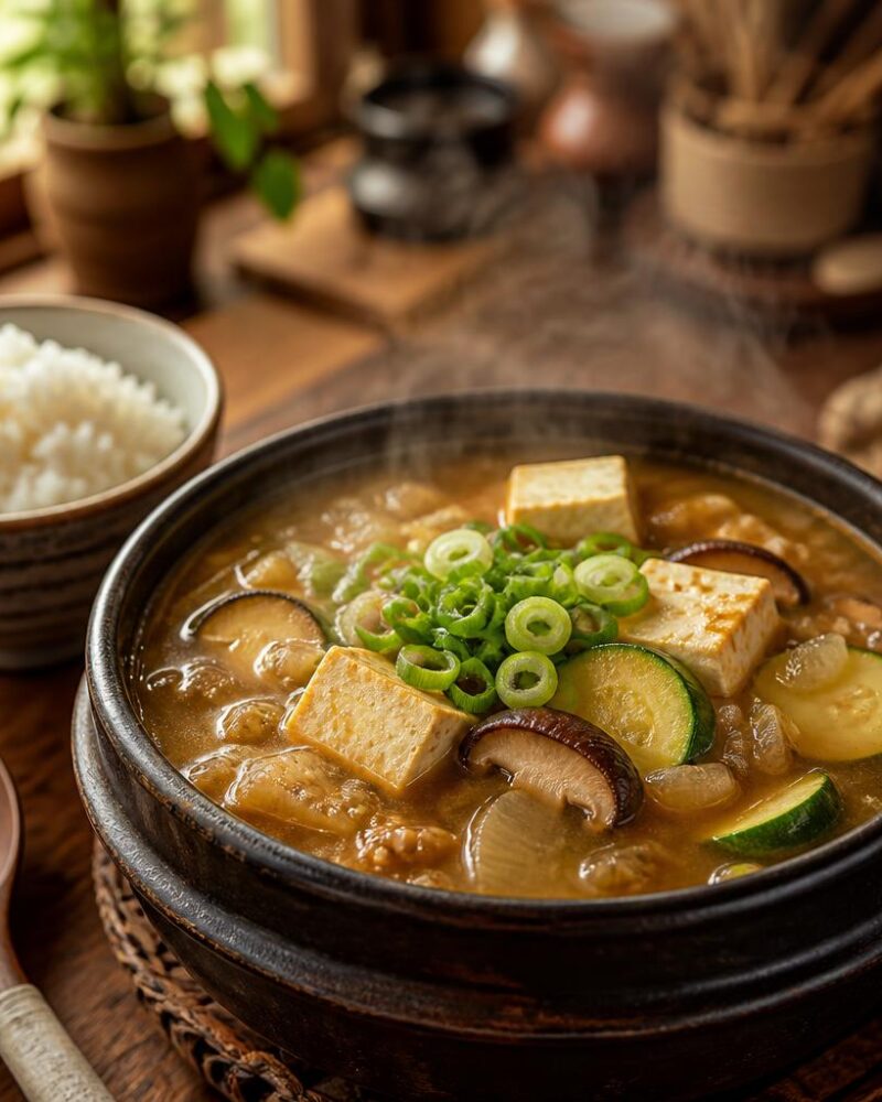 Doenjang Jjigae (soybean paste stew) with tofu and vegetables