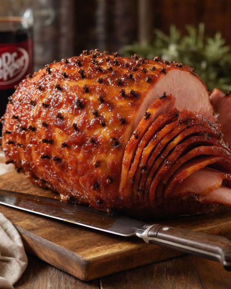 Dr Pepper glazed ham — baked ham brushed with a sweet spiced Dr Pepper and brown sugar glaze
