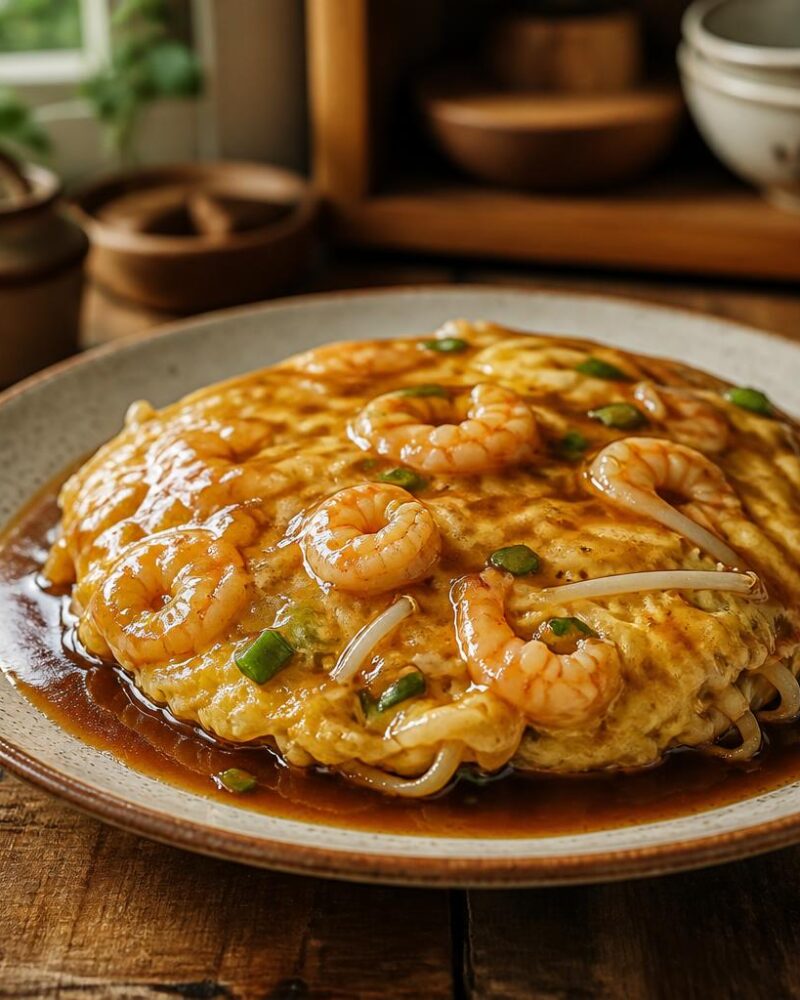Egg Foo Young — golden omelet pancakes with bean sprouts, scallions and shrimp in a savory gravy